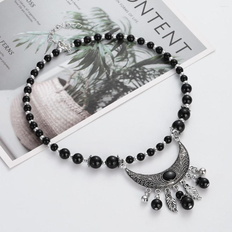 

Pendant Necklaces Bohemian Ethnic Black Beads Leaf & Necklace Vintage Silver Color Long Statement Women's Tibetan Jewelry 2023