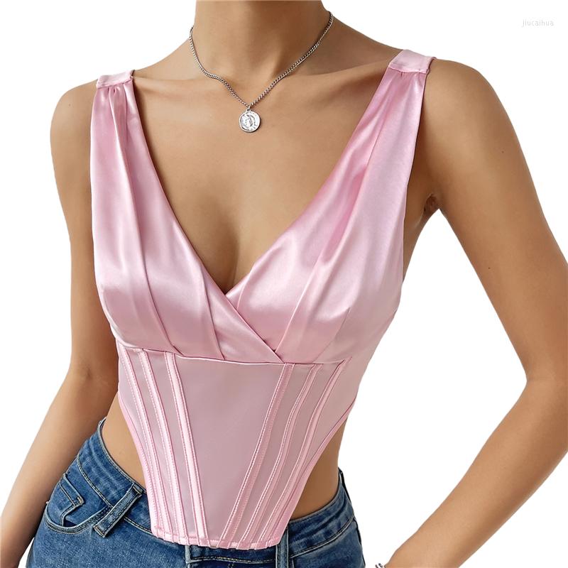 

Women' Tanks Xingqing Women Corset Top Y2k Aesthetic Solid Color Sleeveless V Neck Pleated Backless Crop T Shirt Party Clubwear, As photo shows