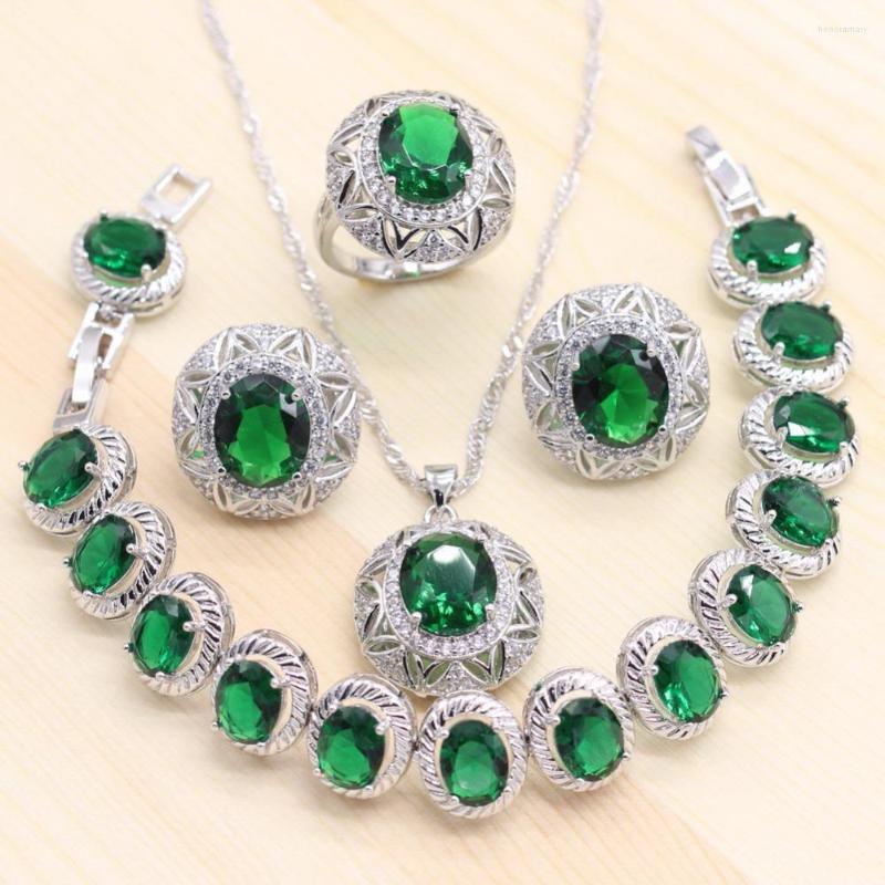 

Necklace Earrings Set 925 Sliver Women Green Stones Oval Bracelets Pendant Stud Wedding Rings Free Gift Box, Picture shown