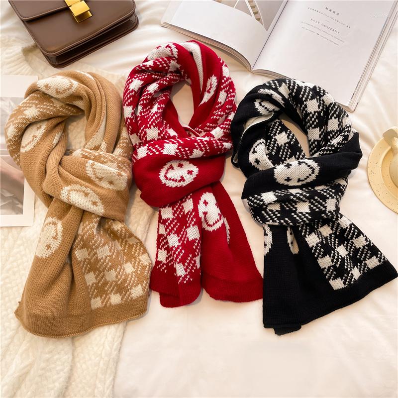 

Scarves Design Smile Print Winter Knitted Scarf For Women Korean Style Warm Woolen Yarm Neckerchief Muffler Lady Skinny Shawl Bufandas