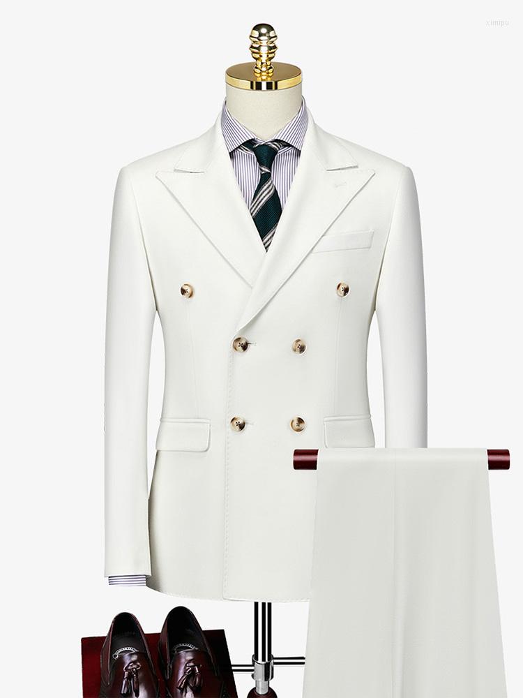 

Men's Suits Men Double Breasted Set White Deep Blue Black Korea Slim Style Luxury Wedding Groom Wear Business Mans Daily Clothing, Blazer pant