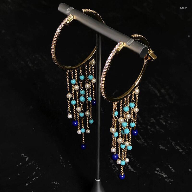 

Dangle Earrings UMGODLY Fashion Cross Yellow Gold Color Roma Blue Stones Tassel Chain Drop Large Hoop Women Jewelry Gift