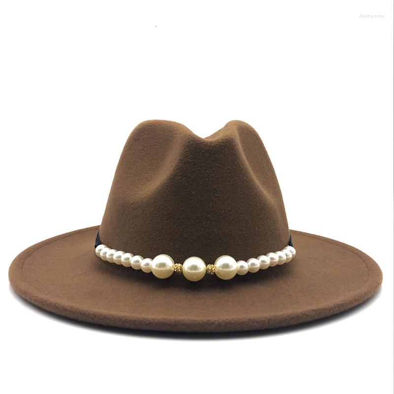 

Berets Wide Brim Autumn Female Fashion Pearl Top Hat Wool Jazz Cap Winter Fedora For Men Chapeau Femme Pink Hats, Red