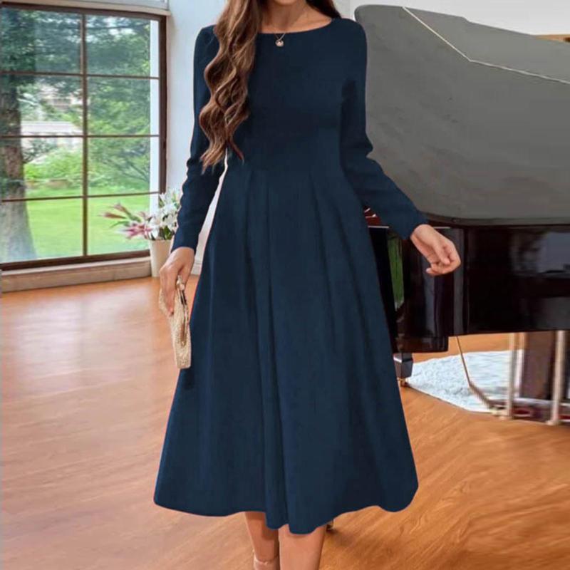 

Casual Dresses Women Solid Dress Round Neck Long Sleeve Fold Waist Homecoming For Freshman, Green