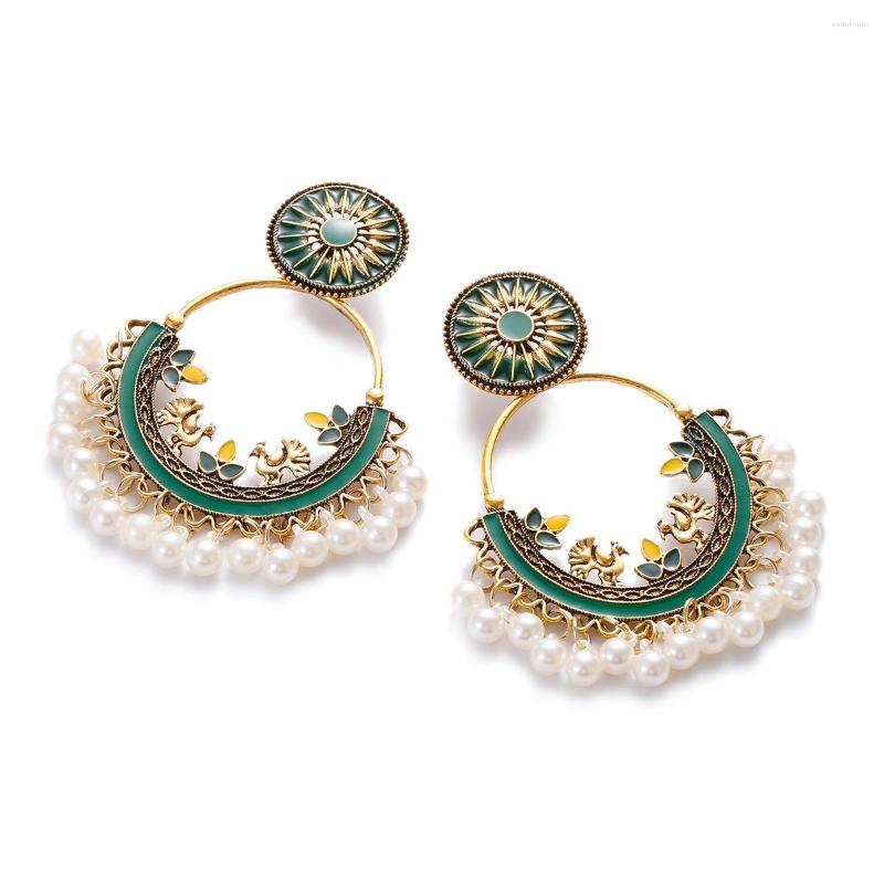 

Stud Earrings Women's Green Peacock Round Gold Color Dangle Pearl Tassel Flower Gypsy Jewelry