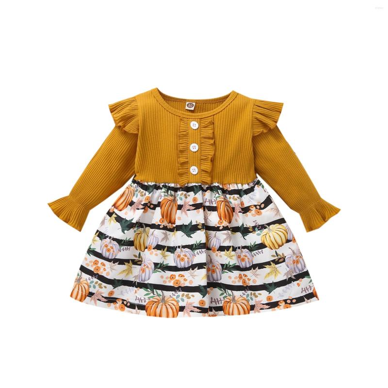 

Girl Dresses Toddler Kid Baby Dress Ruffles Long Sleeves Pumpkin Print Children Girls Casual Button A-line Sundress Clothes, Picture shown