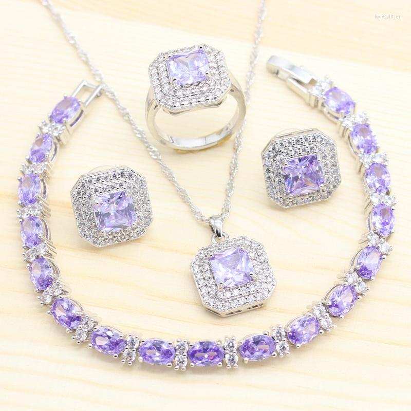 

Necklace Earrings Set 925 Sterling Silver Purple Cubic Zirconia Women Square Shape Stud Pendant Ring Bracelets For Gift, Picture shown