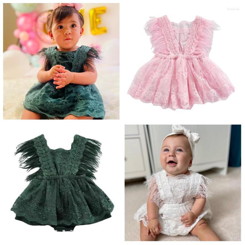 

Girl Dresses Born Princess Clothes Baby Girls Lace Embroidery Romper Dress Feathers Sleeve Backless White Jumpsuit Summer, Green