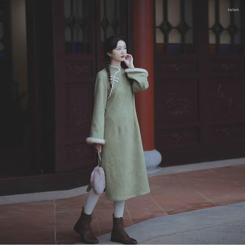 

Ethnic Clothing Autumn Winter Vintage Women Chinese Style Cheongsam Dress Suede Fabric Chic Print Qipao Party Lady Improved Thicken