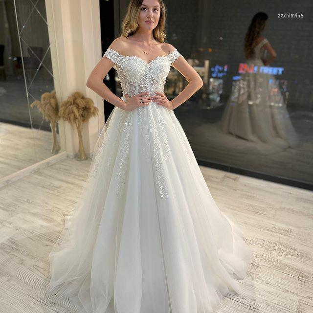 

Wedding Dress Sweetheart Dresses 2023 Women Off The Shoulder Illusion Corset Robe De Mariage Lace Appliques Princess Long Bridal, White