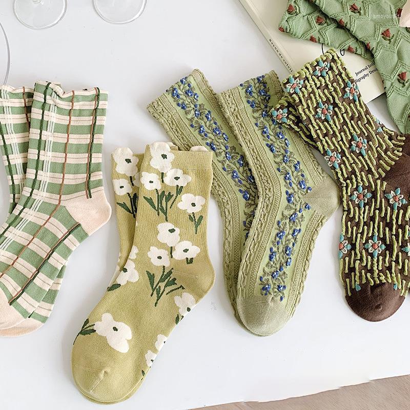 

Women Socks 2023 Ethnic Vintage Green Japanese Sweets Floral Embroidery Long Autumn Winter Retro Cotton Thermal Stockings