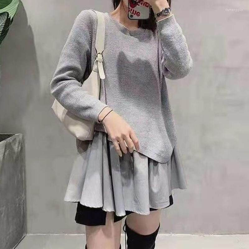 

Women's Sweaters Women's Korean Fashion Women Knitting Sweater Solid Color Splicing Round Neck Irregular Long Sleeve Simplicity Casual, Black