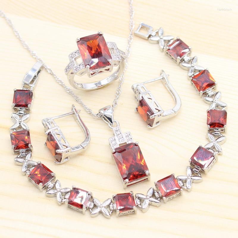 

Necklace Earrings Set Women Red Semi-precious Stones 925 Sterling Silver Wed Stud Pendant Ring Bracelets, Picture shown
