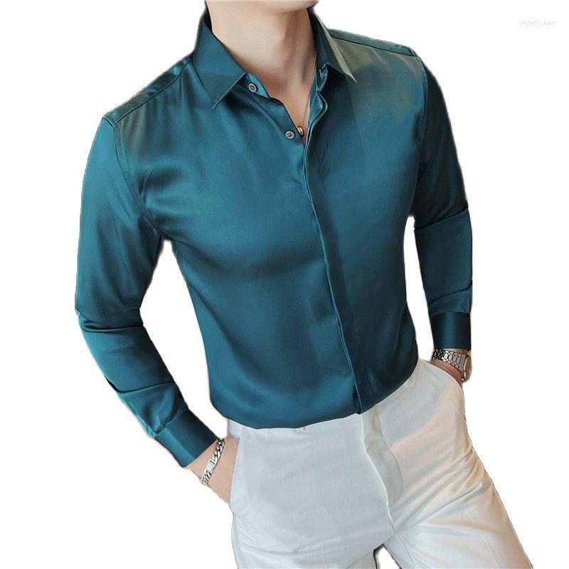 

Men's Dress Shirts Shiny Silk For Men 2023 British Style Long Sleeve Tuxedo Party Wedding Banquet Formal Blouse Chemise Homme, Black