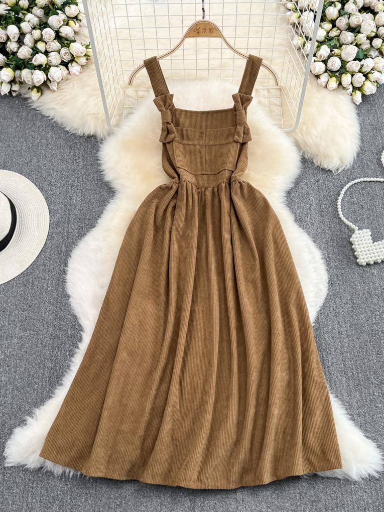 

Casual Dresses Foamlina Women Corduroy Dress Spring Autumn Spaghetti Strap Sleeveless Loose Waist A-line Midi Vintage Female, Brown