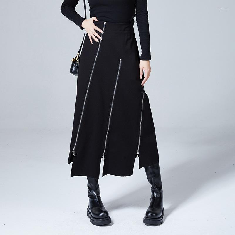 

Skirts Johnature Fashion High Waist Slits Zippers Women 2023 Spring Autumn Streetwear All Match Casual Female, Black