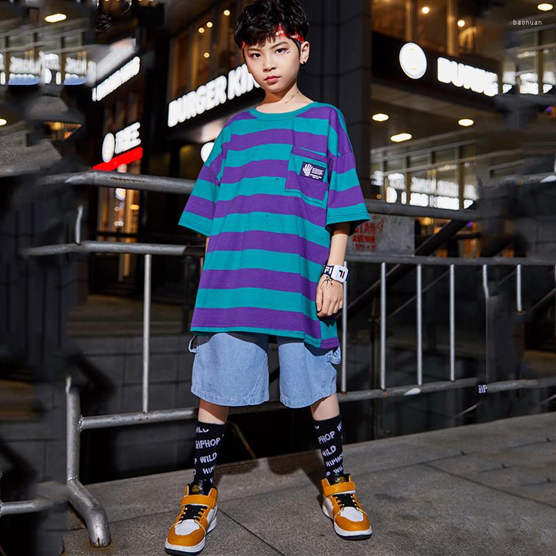 

Stage Wear Summer Children'S Hip-Hop Suit T-Shirt Denim Shorts Korean Boy Handsome Costume Jazz Dance Performance Clothes DWY3565, Only tops