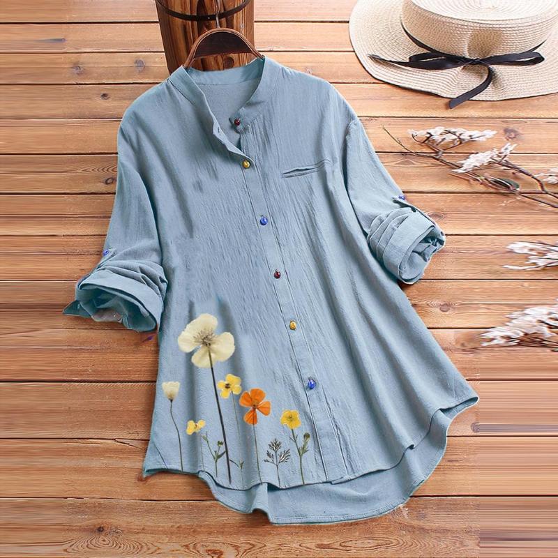 

Women's Blouses Womens Tops And Blusas Mu Vintage Casual Shirts Flower Print Colorful Clothing Button Long Sleeve Blouse For Lady Camisa, Sky blue