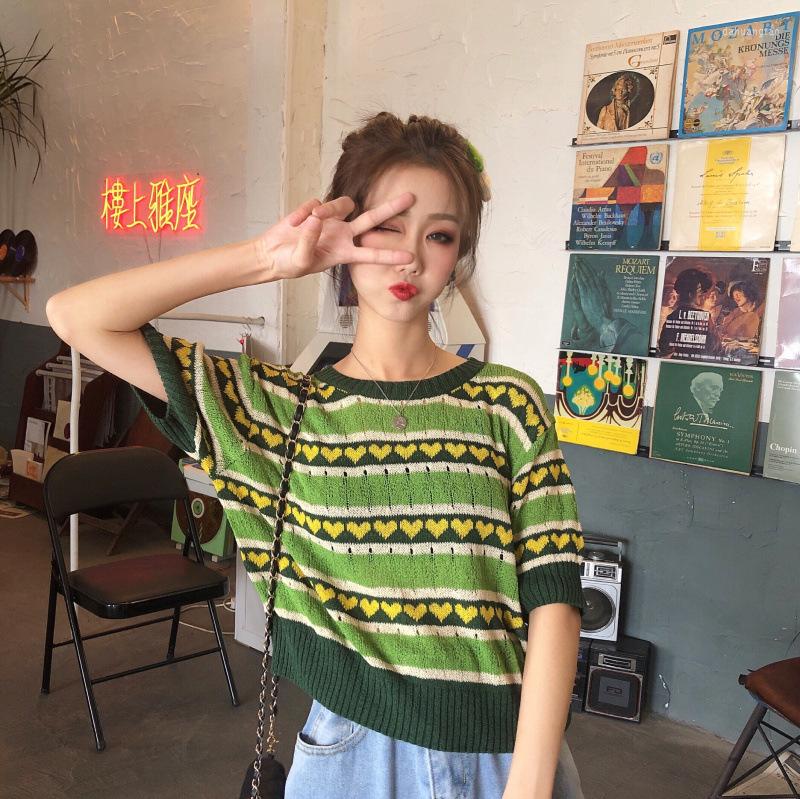 

Women's T Shirts Vintage Geometric Knitted Crop Tops Knitwear Ladies All-Match Jumpers Summer Women Short Sleeve Green Heart Pattern Kniter