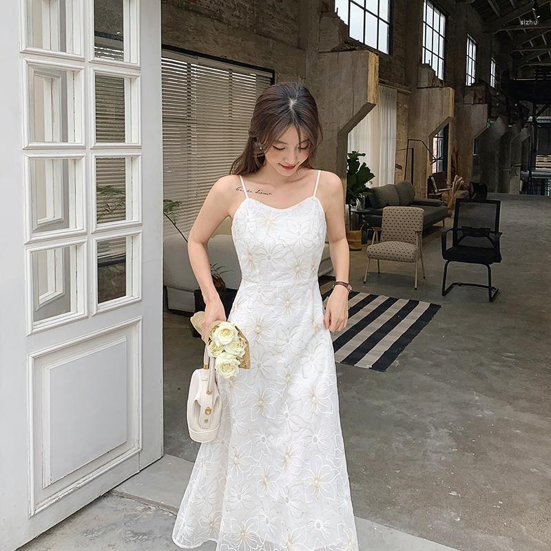 

Casual Dresses 2023 Summer Embroidery Sexy Elegant Midi Dress Women V-neck Vintage Fairy Strap Party One Piece Korean Office Lady, White