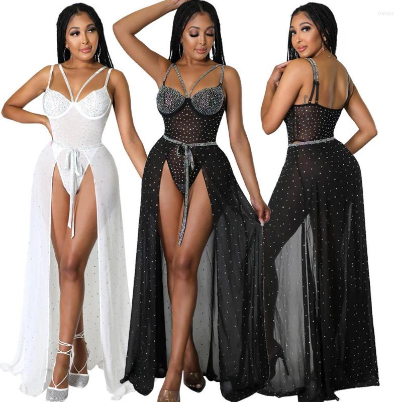 

Work Dresses SKMY Women Clothing 2 Pieces Set Diamond Suit Fashion Sexy Sleeveless Bodysuits Lace Up Long Skirt Mesh Summer Beach Outfits, White