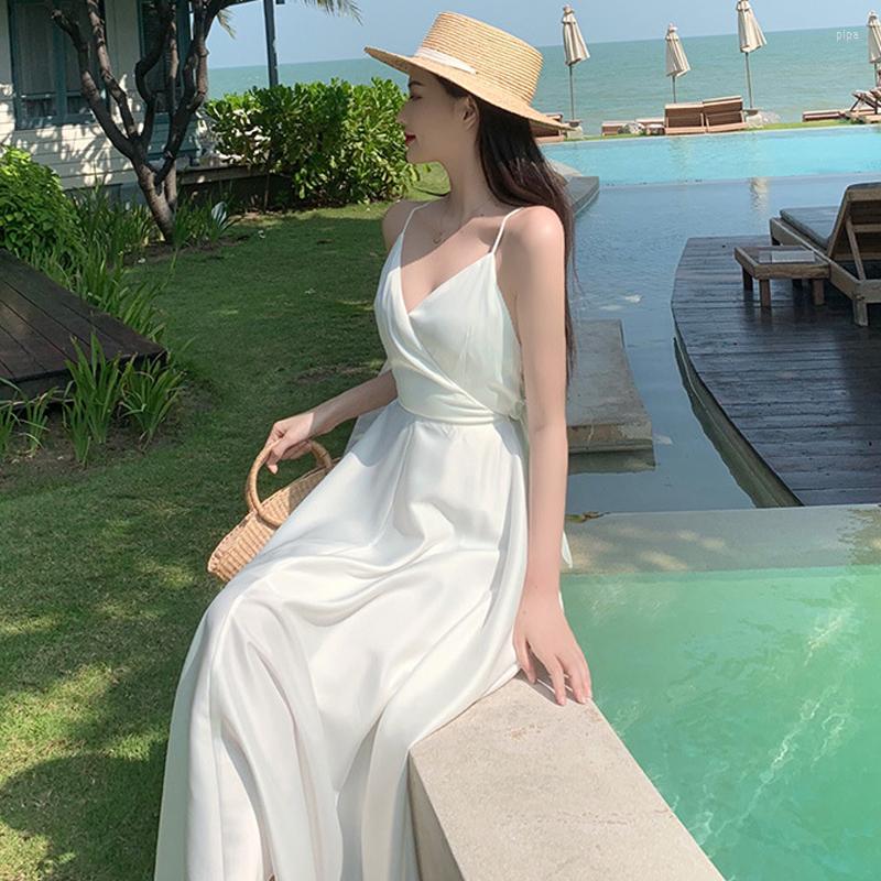 

Casual Dresses Summer 2023 Women Beach Dress High Quality Silk Satin Fashion Sexy White Halter Seaside Holiday L3455