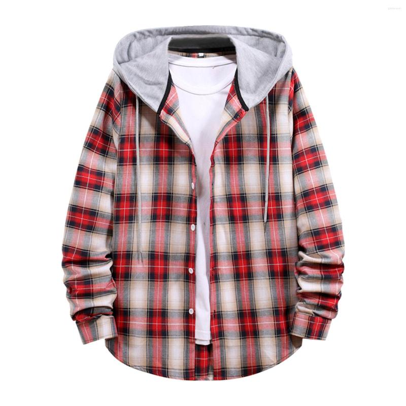 

Men' Casual Shirts Men Plaid Print Shirt 2023 Autumn Winter Outerwear Hooded Collar Long Sleeve Blouse Mock Neck Fitted Top, Red