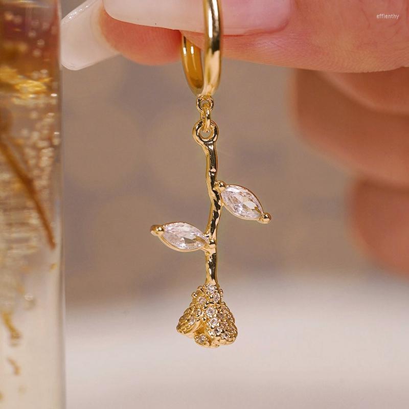

Backs Earrings MENGJIQIAO Korean Elegant Delicate Zircon Rose Flower Clip For Women Fashion Long No Piercing Cartilage Ear Jewelry