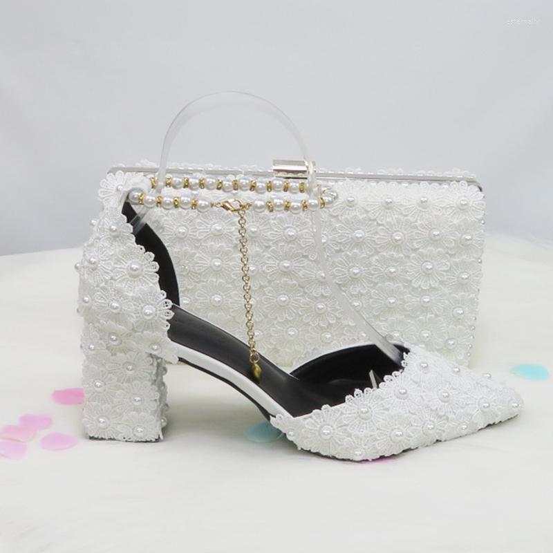 

Dress Shoes BaoYaFang White Beads Strap Pearl Wedding Bride Pointed Toe Square Thick High Heel Party And Bag Set, Yellow