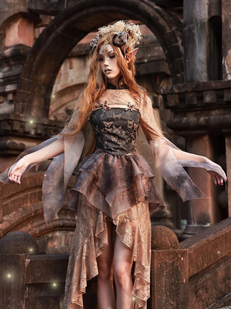

Women' Blouses Blood Original Design Fall Gothic Chain Embroidery Short Slit Mesh Long Sleeve Lace Shirt, Beige