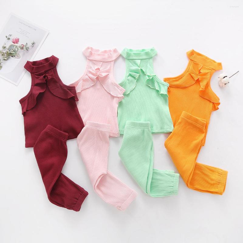 

Clothing Sets Baby Summer Clothes Set Sleeveless Top Long Pants Solid 2 Pieces Cotton Striped Boutique Kids 1-4years