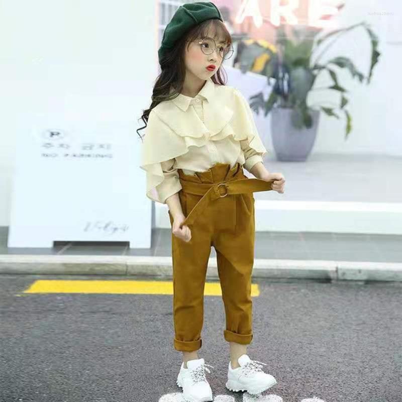 

Clothing Sets Autumn 2023 Girls Set Leisure Suits Blouse Pant With Belt Outfits For 2 Colors Clothes Age 6 8 10 Yrs