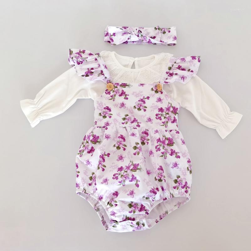 

Clothing Sets Flofallzique 2023 Spring Autumn White Cotton Long Sleeve Top And Purple Flower Romper Born Girl Suit