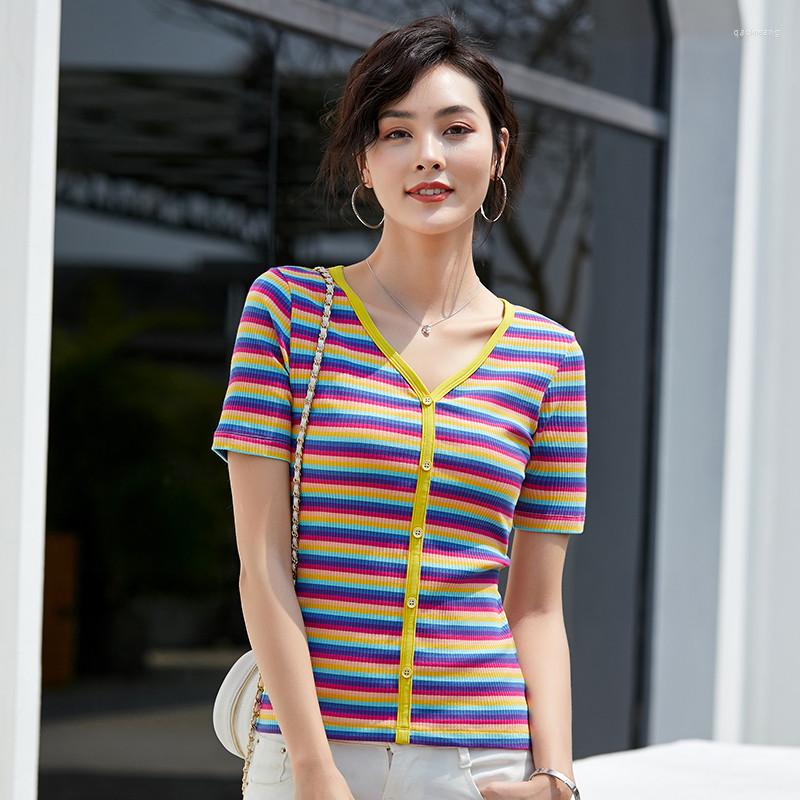 

Women' T Shirts 2023 Summer Women' T-shirt In Yellow Striped Korean-Style Fashion Knitted Slim-Fit Undershirt, Beige