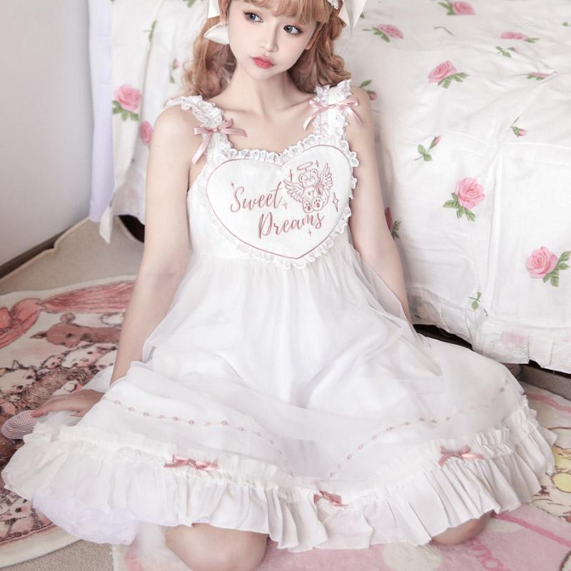 

Casual Dresses 2023 Japanese Kawaii Baby Bear Embroidery Straps Lolita Dress Women Vintage Cute Sleeveless Ruffles Princess Sleepshirts, White