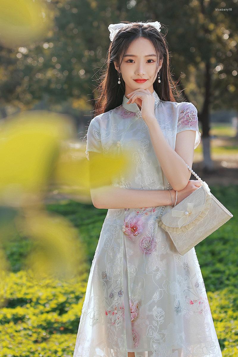 

Ethnic Clothing Women Vintage Retro Floral Print Chiffon Qipao Dress Chinese Traditional Improved Mandarin Collar Cheongsam