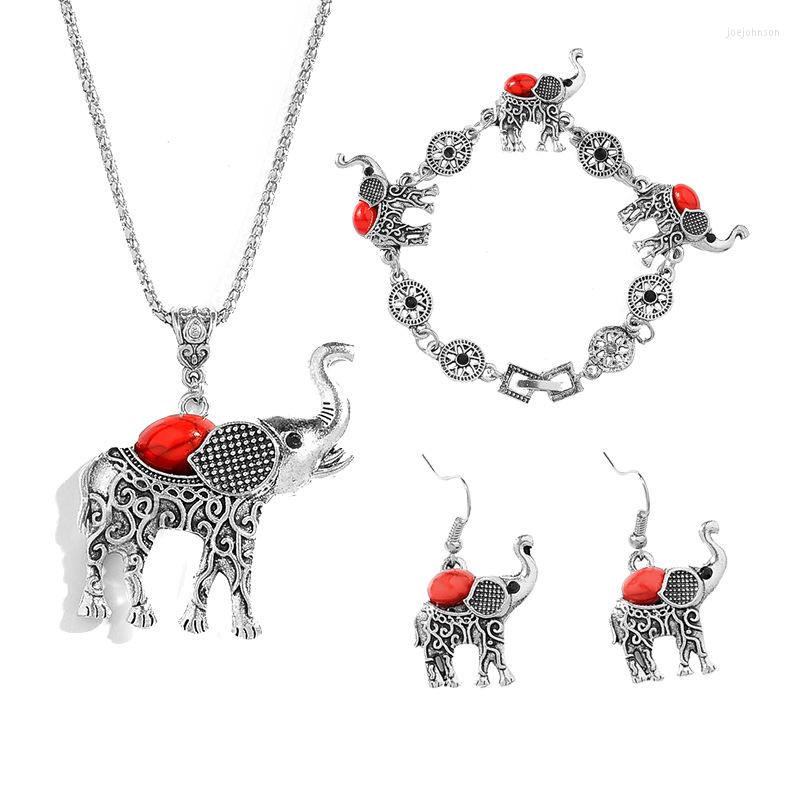 

Necklace Earrings Set 3 Pcs/set Classic Vintage Elephant Shape Carved Jewelry Bohemian Women Bracelet Sets Gifts, Picture shown