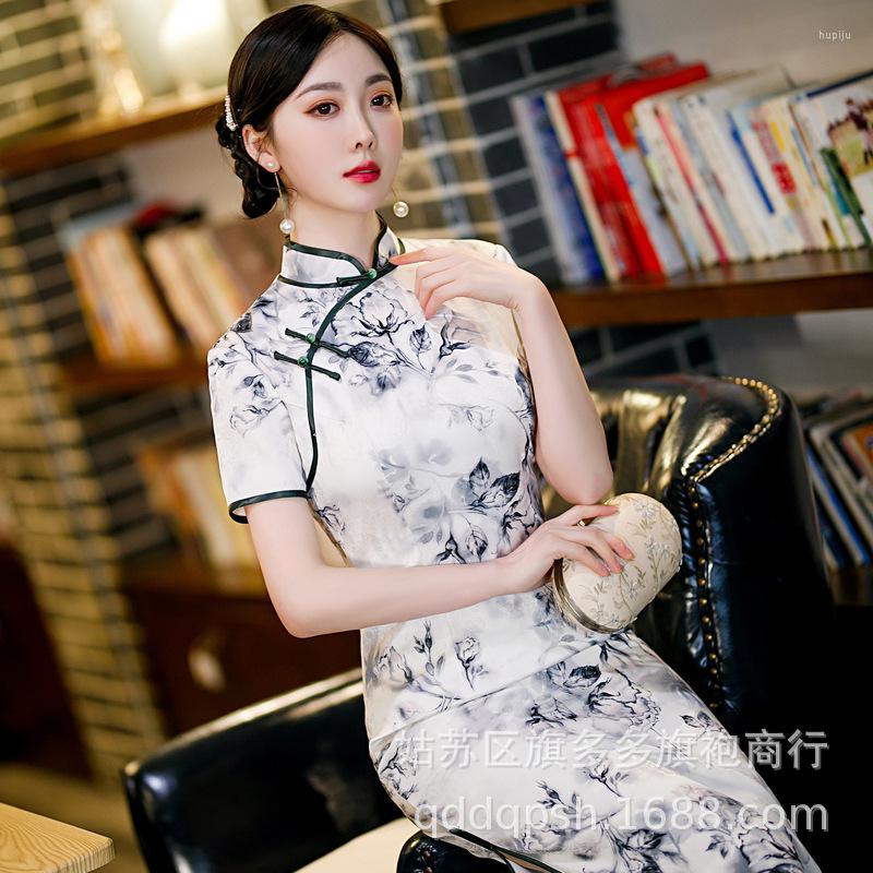 

Ethnic Clothing Orientale Vintage Floral Print Cheongsam Chinese Style Elegant Short-sleeved Mandarin Collar Qipao Vestido