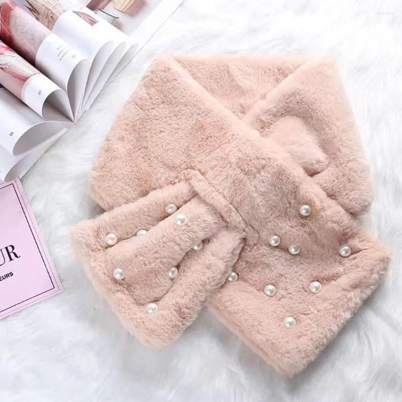 

Scarves Faux Fur Collar Pearl Cross Plush Scarf Female Winter Outdoor Thicken Neck Protection Warm Shawl