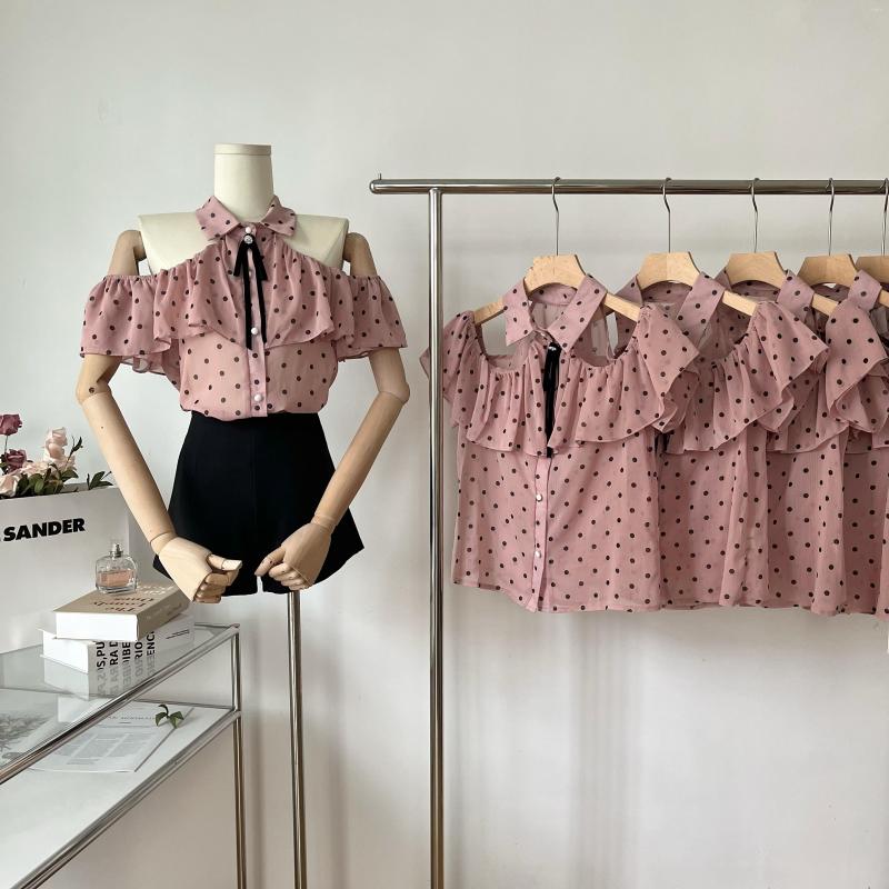 

Women's Blouses Women's Summer Sweet Polka Dot Off Shoulder Shirt Chic Lovely Pink Short Sleeve Blouse Lady Single Breasted Ruffle Top