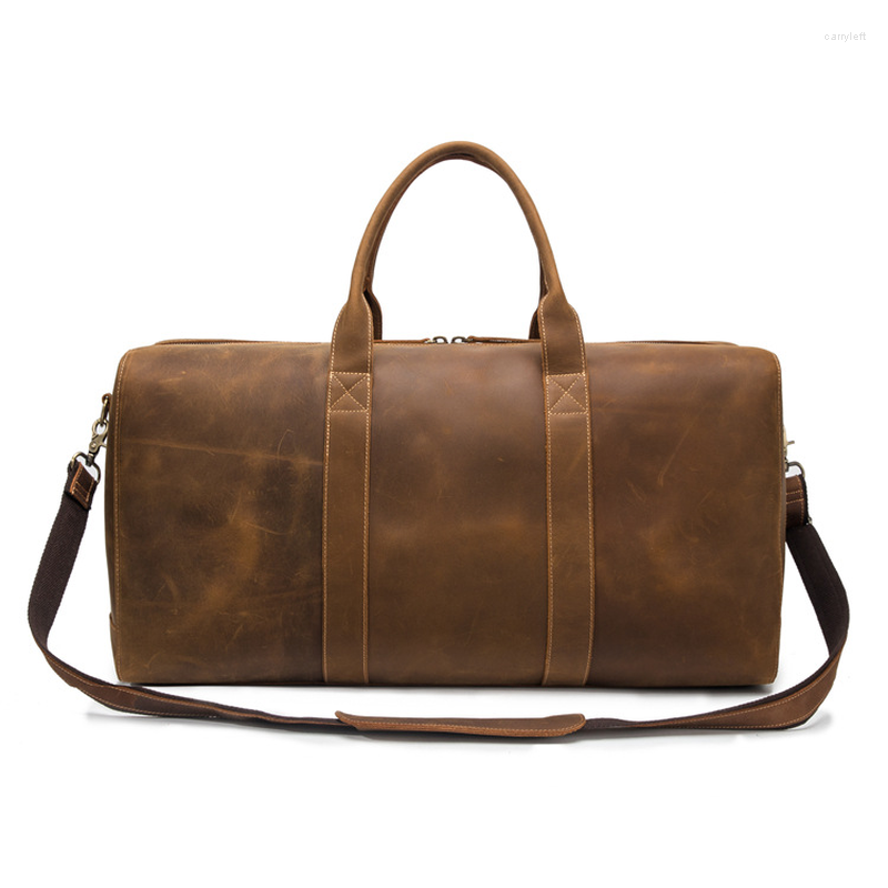 

Duffel Bags Men Genuine Leather Travel Bag Business Tote Vintage Real Cow Zip Around Weekend Male 60cm Big Handbag, Red brown