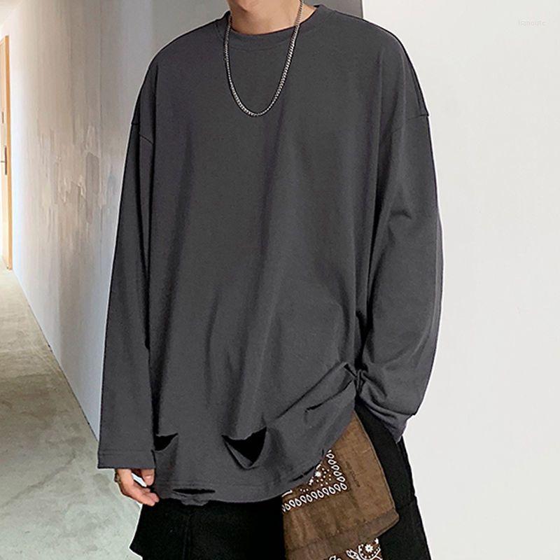 

Men' T Shirts Harajuku Style Long-sleeved T-shirt Male Aesthetic Hole Loose Bottoming Korean Fashion Couples Sweatshirts Y2k Top Trendy, White