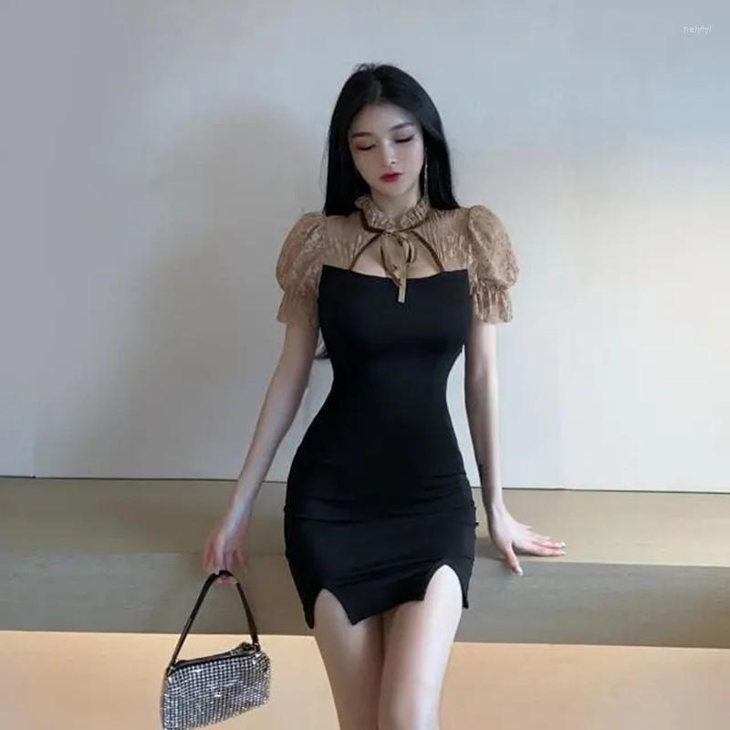 

Ethnic Clothing French Women Dress Sweet Chic Lace Puff Short Sleeve Black Office Work Mini Dresses Sexy Split Hip Tie Stitching Skirt