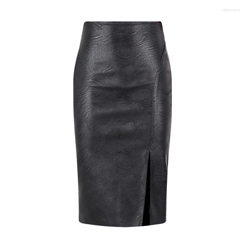 

Skirts Slimming Black PU Long Skirt High Waist Women Bodycon Pencil Calf Autumn Winter Side Split Sexy Faux Leather Office