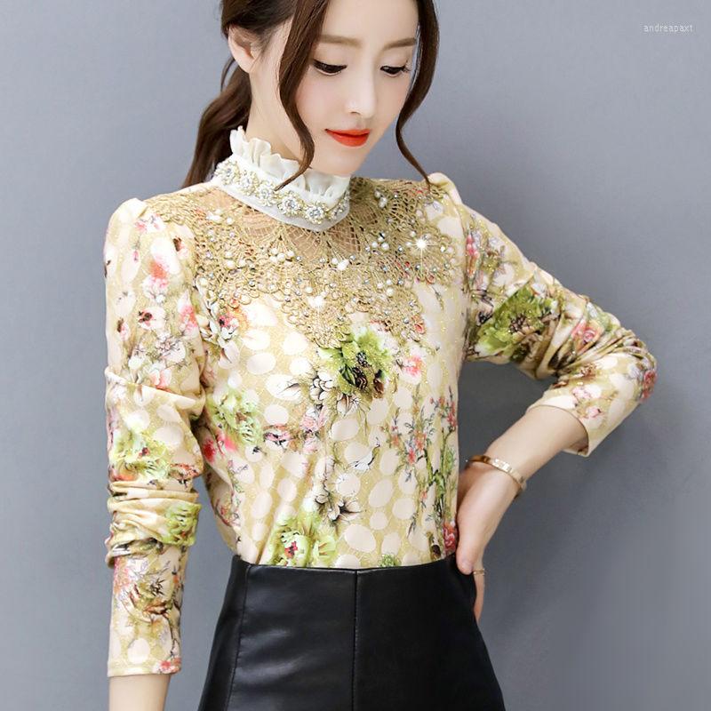 

Women' Blouses 2023 Spring Autumn Hollow Lace Blouse Long Sleeve Floral Bottoming Shirt Stitching Slim-fit Women Top Blusa Mujer Y799