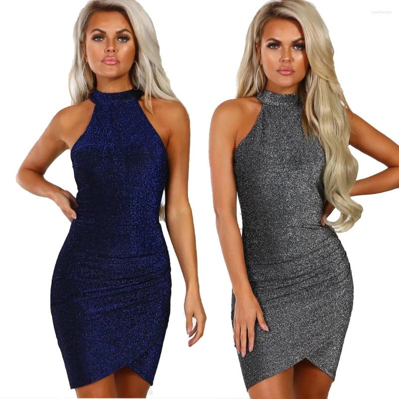 

Casual Dresses Bright Silk Halter Strapless Sleeveless Hip Shexy Ruffled Mini Folds Buttocks Dress Club Elegant Temperament, Blue