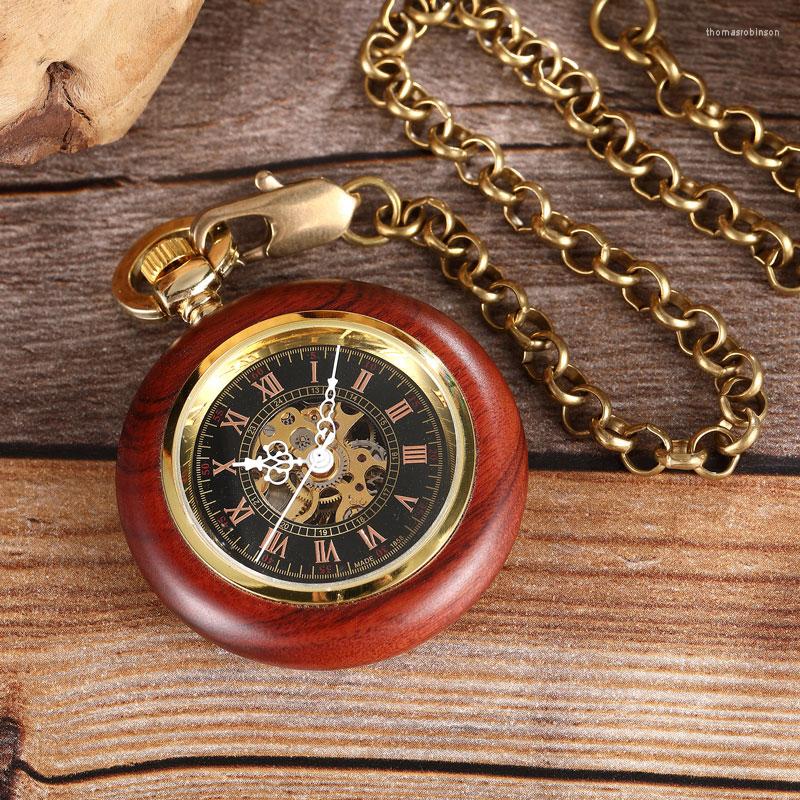 

Pocket Watches Round Wooden Mechanical Watch Luxury Red Black Hand Winding Skeleton Fob Men Women Clock Gifts Reloj