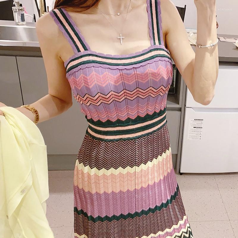 

Casual Dresses Summer Color Matching Striped Knitted Spaghetti Strap Dress Women Fashion Elastic Beach Party Maxi Korean Ladies, The picture color
