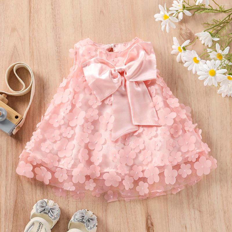 

Girl Dresses 0-3Y Summer Princess Baby Girls Sweet Dress Sleeveless Flower Printed Mesh Lace A-Line Sundress With Big Bowknot, Pink