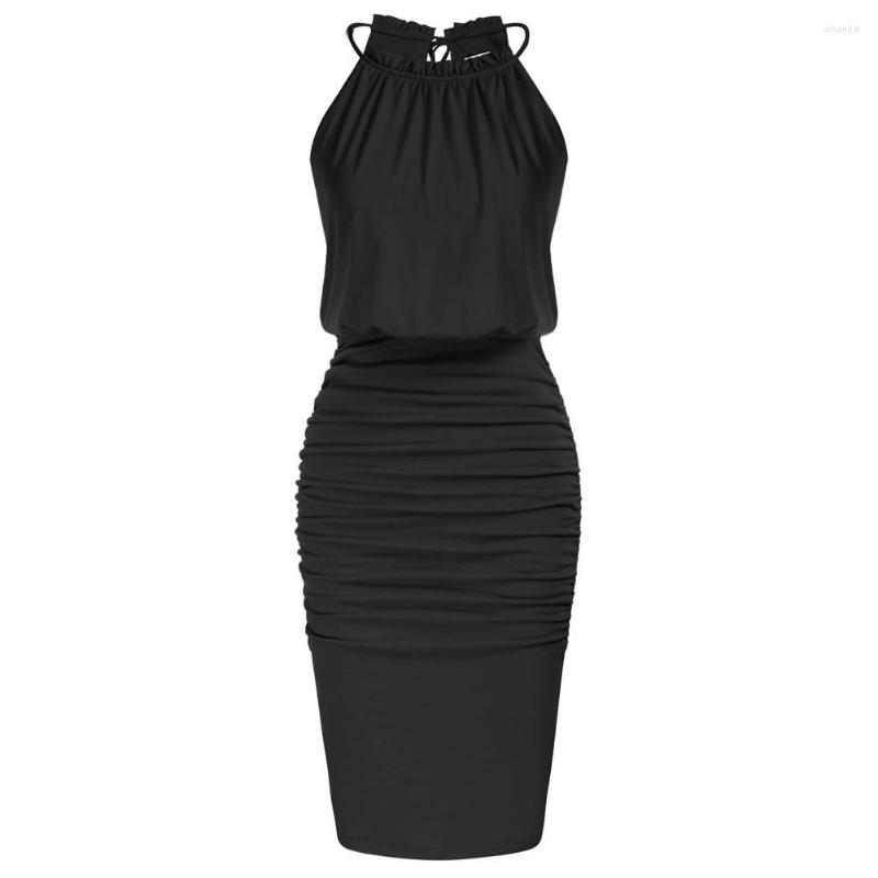 

Casual Dresses Elegant Women' For Party 2023 Ruched Solid Summer Halterneck Dress Elastic Waist Above Knee Bodycon, Black